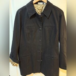 Chico's Platinum Black Denim Trench Coat Timeless Design Leopard print lined🐆🐆🐆